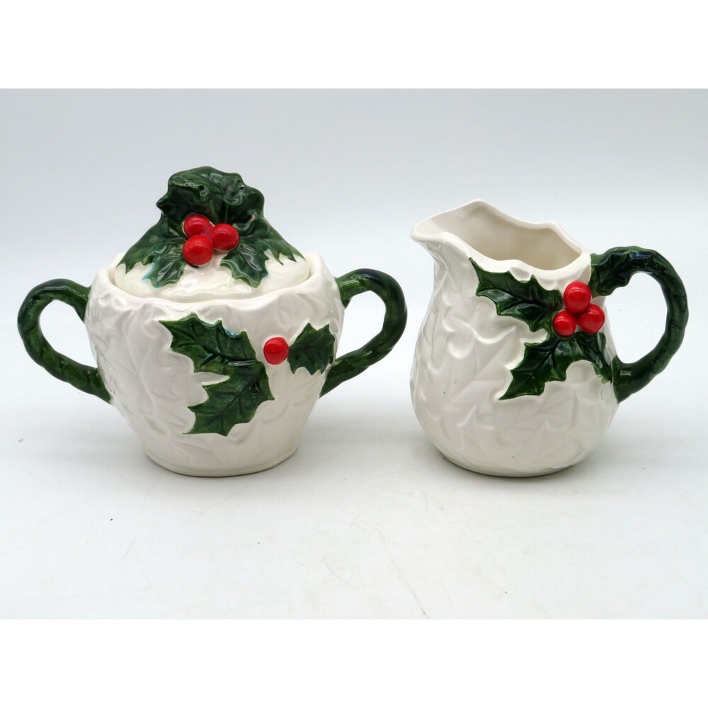 Vintage Lefton Holly Berry Creamer and Sugar Bowl w Lid Japan